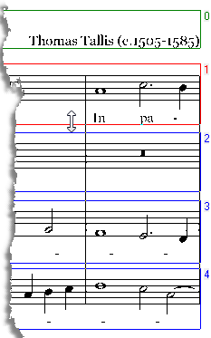 Page editor view of score showing clip-regions and part numbers